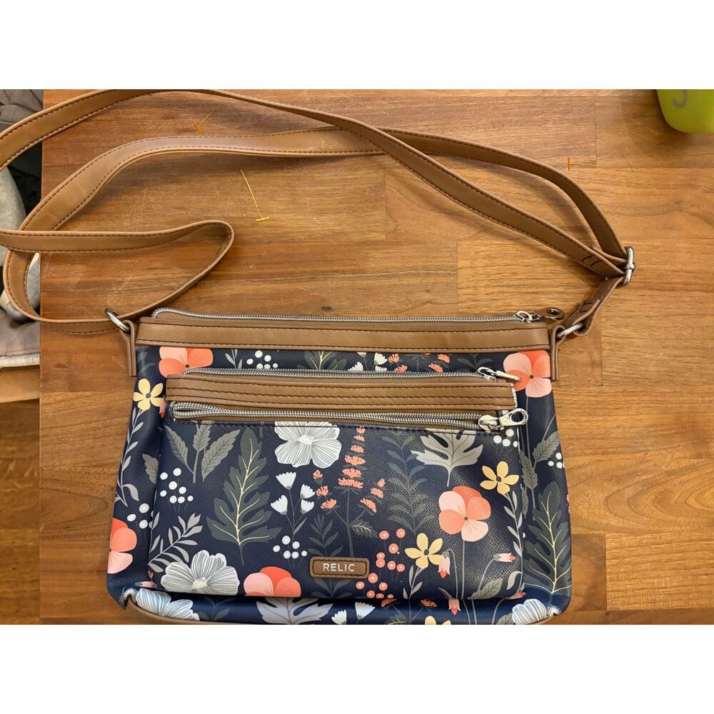 Relic Navy Floral Triple-Zip Adjustable Crossbody Shoulder Bag Purse